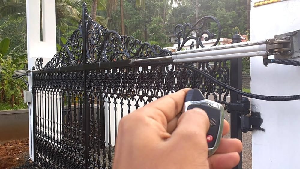 Automated driveway gate with integrated intercom system, shown during operation